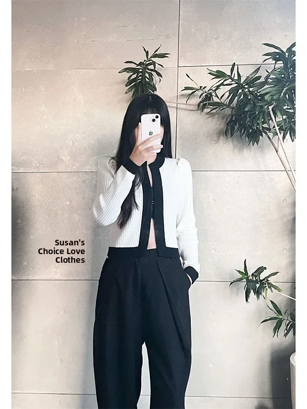 

Женский укороченный вязаный кардиган Susan Pure Fashion черно-белый с длинным рукавом, класса люкс, стандартный крой, осенняя верхняя одежда для девушек