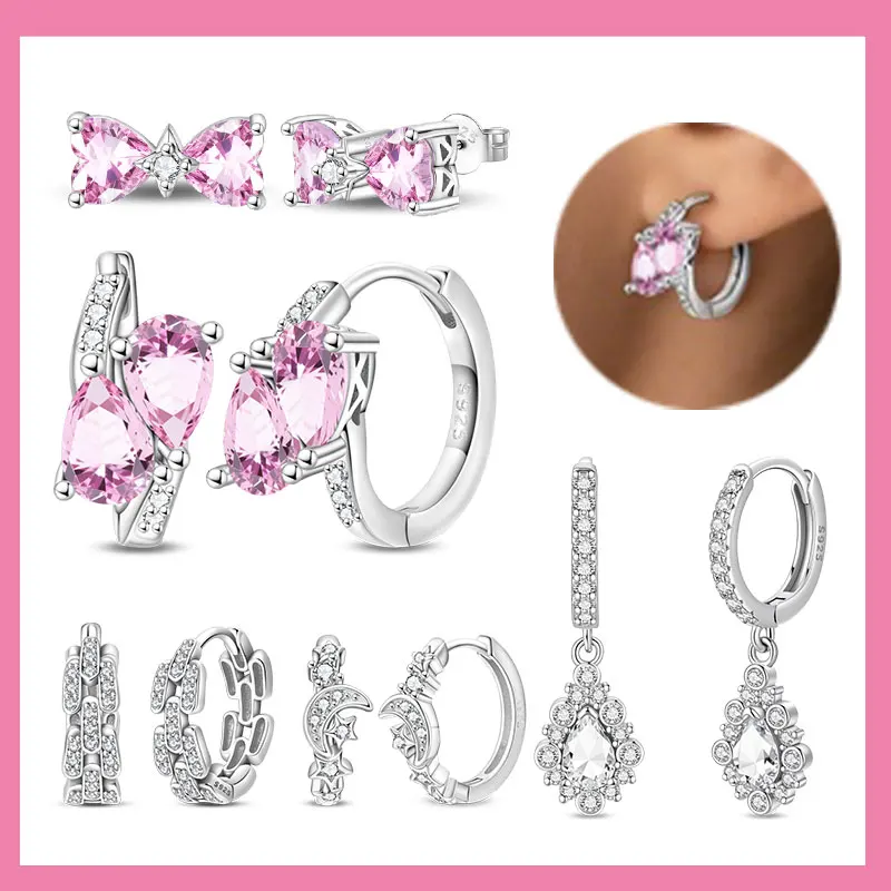 

Original 925 Sterling Silver Geometry Series Earrings Sparkling Pink Zircon Bow Square Hoop Earring Anniversary Jewelry Gifts