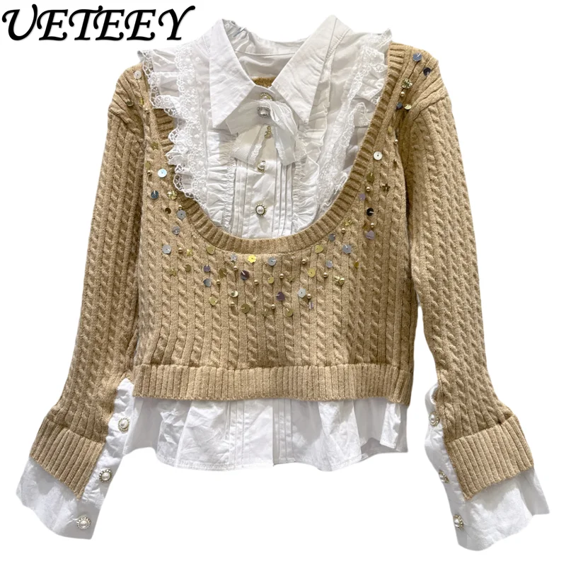 

Новая весенняя коллекция 2026: Уникальная модная женская рубашка-свитер с вышивкой бисером и эффектом двухслойности, белая, вязаная, с имитацией двух частей