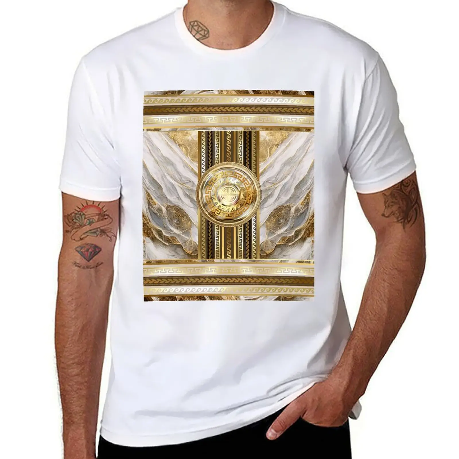 

Greek Key Gold White Swirls Marblized T-Shirt printed t shirts for man t shirt man designer T-Shirt