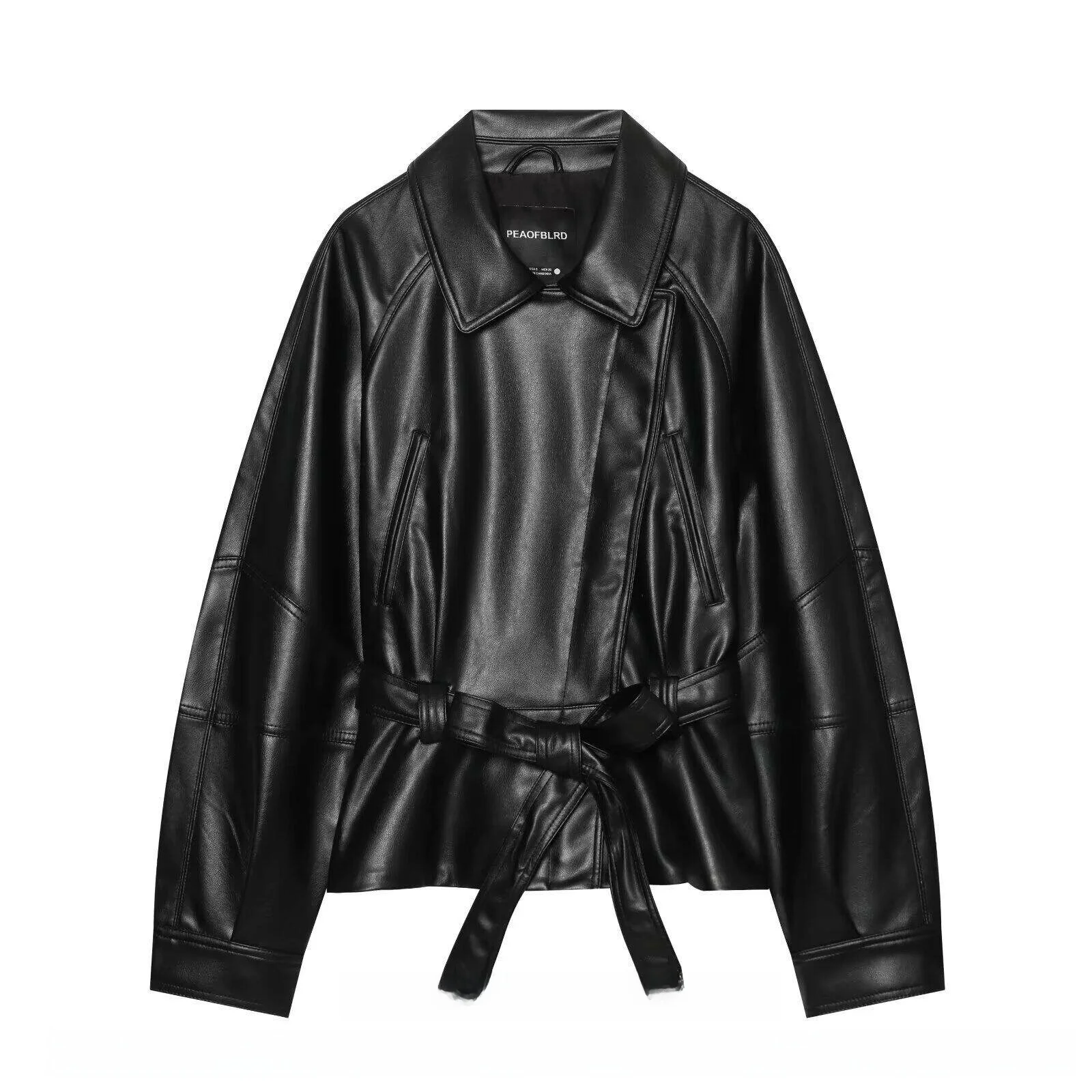 Women's Leather Effect Short Coat Autumn New Arrival Long Sleeve Turn-down Collar Nine-point Belted -length PU Leather