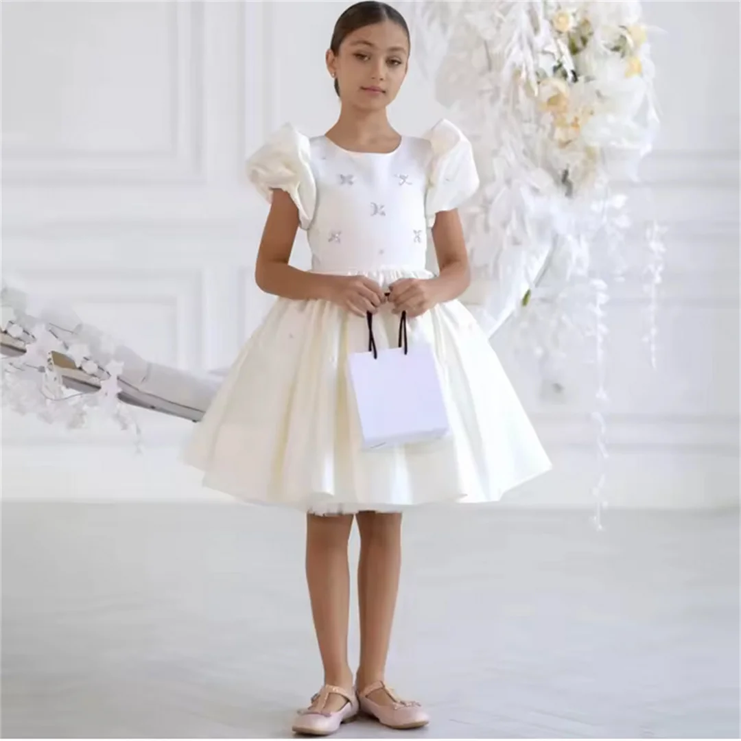 

Customized White Flower Girl Dresses Satin Tulle With Bow Short Sleeve For Wedding Birthday Party Banquet