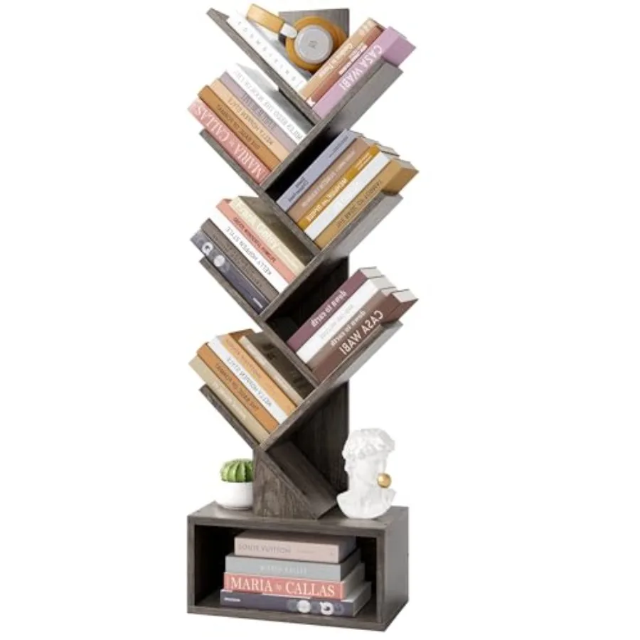 

6 Tier Tree Bookshelf, Tall Bookcase with Drawer, Freestanding Book Shelf, Display Floor Standing Storage Shelf, Book Organizer Shelves for Home Office, Living Room, Bedroom, Grey