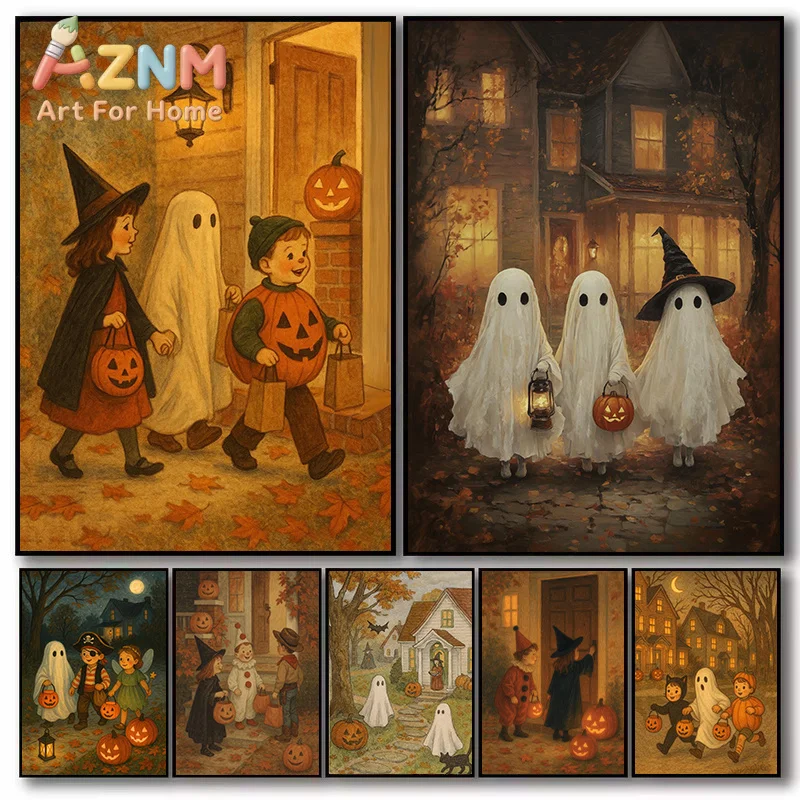 Retro Kids Cute Ghost Trick or Treat Halloween Parade Pumpkin Spooky Aesthetic Poster Canvas Painting Wall Pictures Home Decor
