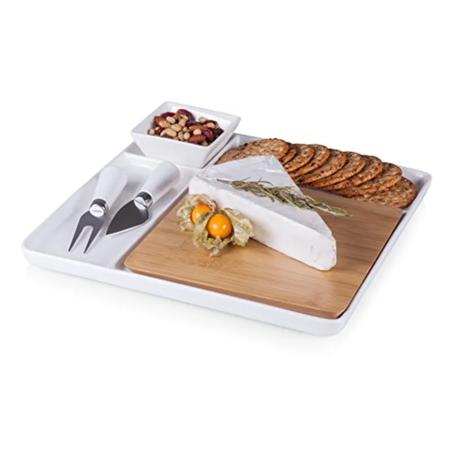 

Cutting Board & Serving Tray, Cheese Board, Charcuterie Board, Appetizer Plate, (Bamboo & White Porcelain)