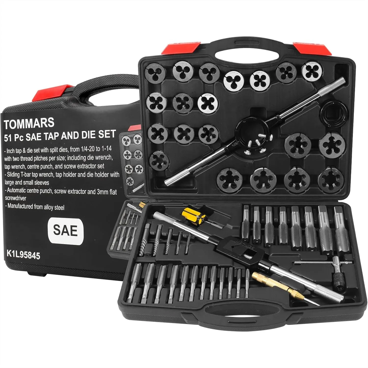 

51-Pc SAE Tap and Die Set, 1/4-20 to 1-14 Threading Tools for Internal & External Threads