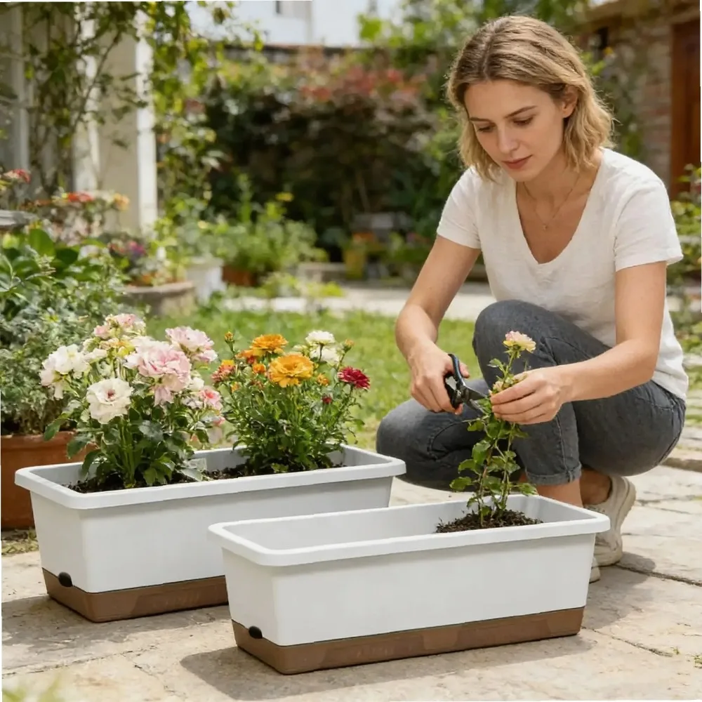 Self Watering Plant Pot Vegetables Container with Base Drainage Hole And Absorbent Rope Rectangular