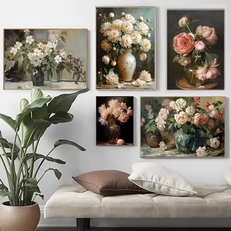 (2D Canvas Painting)  Nordic Flowers Still Life Oil Painting Printed Poster Vintage Bouquet Pink Roses Canvas Paintings Wall