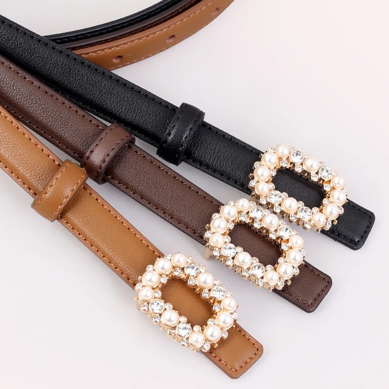 

20mm women's Split Leather belt Simple Diamond Pearl Belt