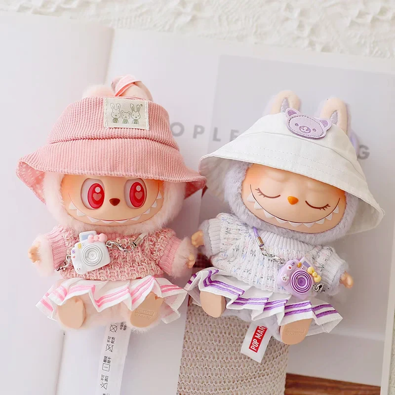 Labubu Doll Clothes Set for V1/V2 Ropa Labubu Macaron Dolls JK Pleated Skirt with Camera and Shoes