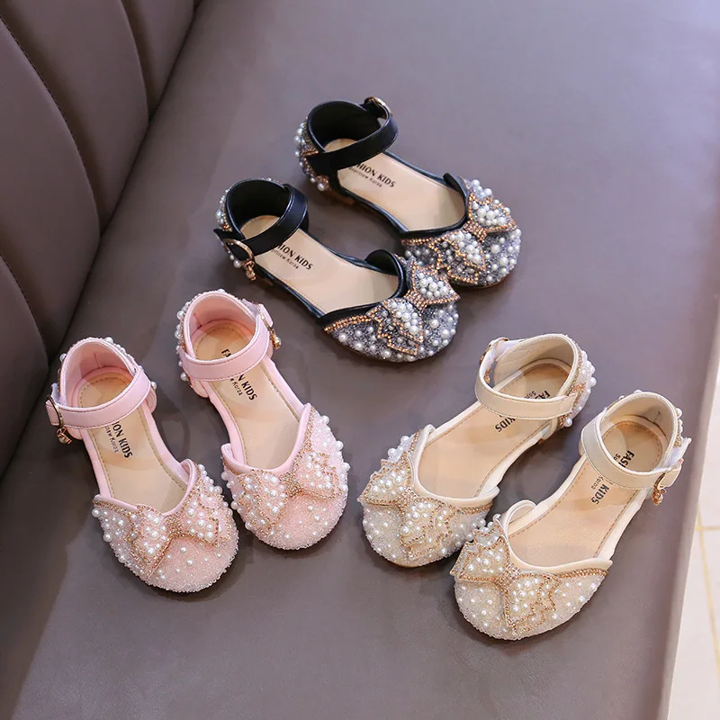 

Girls Princess Sandals Summer New Baby Pearl Rhinestones Bow Single Shoes Fashion Non-slip Flat Children's Shoe