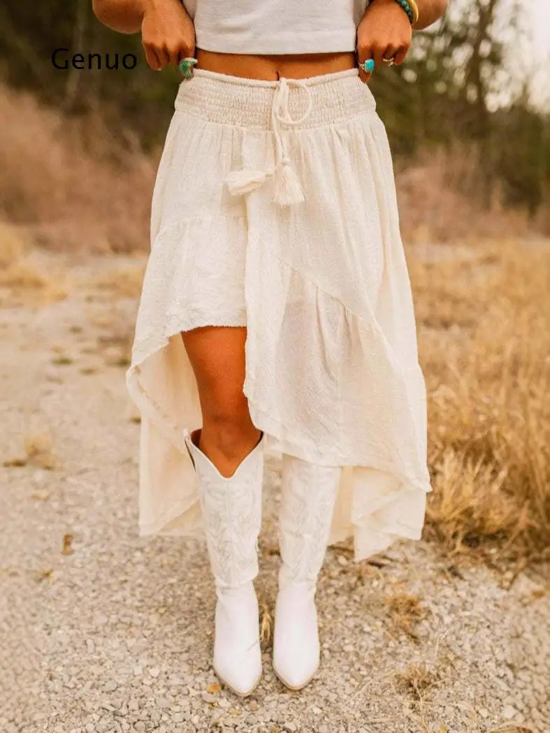 2026 Women Asymmetrical Pleated Midi Skirt High Waist Solid Color Casual Summer Vacation Wear