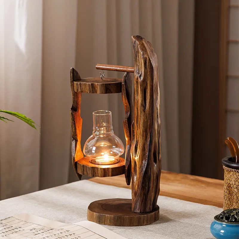 Log Wind Lamp Creative Candlestick Retro Southeast Asia Glass Cover Candlestick Outdoor Windproof Lantern Zen Decoration