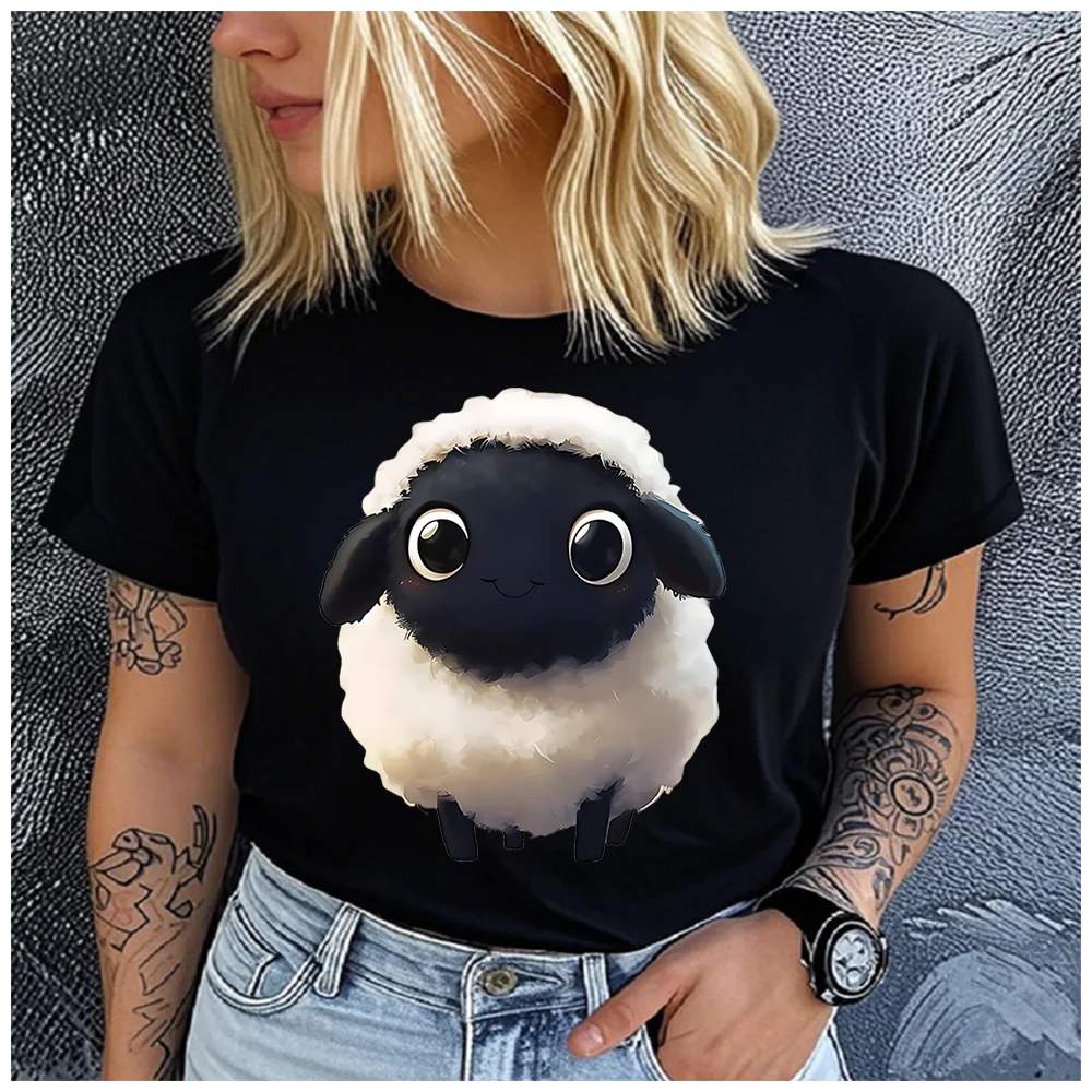 100% Cotton Cute Cartoon Black Face Sheep Print Women T Shirt Kawaii Animal Graphic Tee Casual Short Sleeve Summer Ladies Top