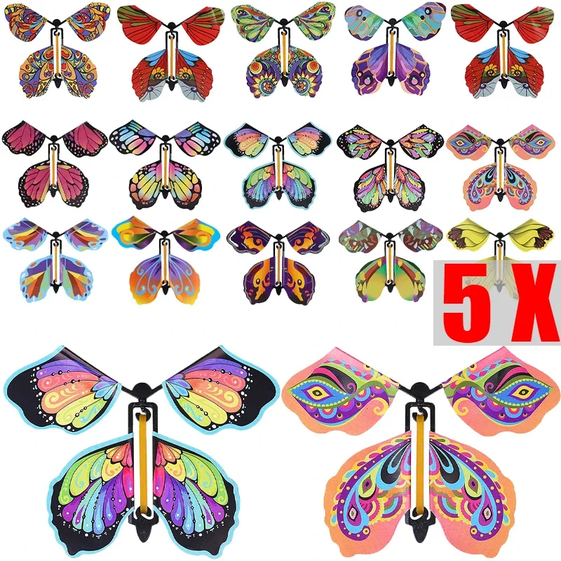 5Pcs Magic Wind Up Flying Butterfly in The Book Kids Magic Fairy Flying Toy Greeting Card Surprise Winding Rubber Band Toy