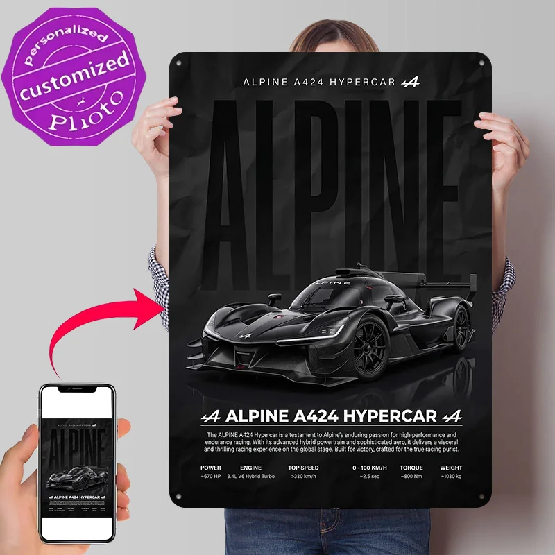 Sleek Black Alpine A424 Hypercar Car Metal Poster Perfect Gift for Fans Lovers Personalized Wall Art Metal Sign for Decor Room