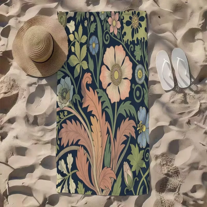 Pastoral Style Botanical Floral Print Beach Towel Vintage Arts Crafts Pattern Quick Dry Soft Sand Free Towel for Summer