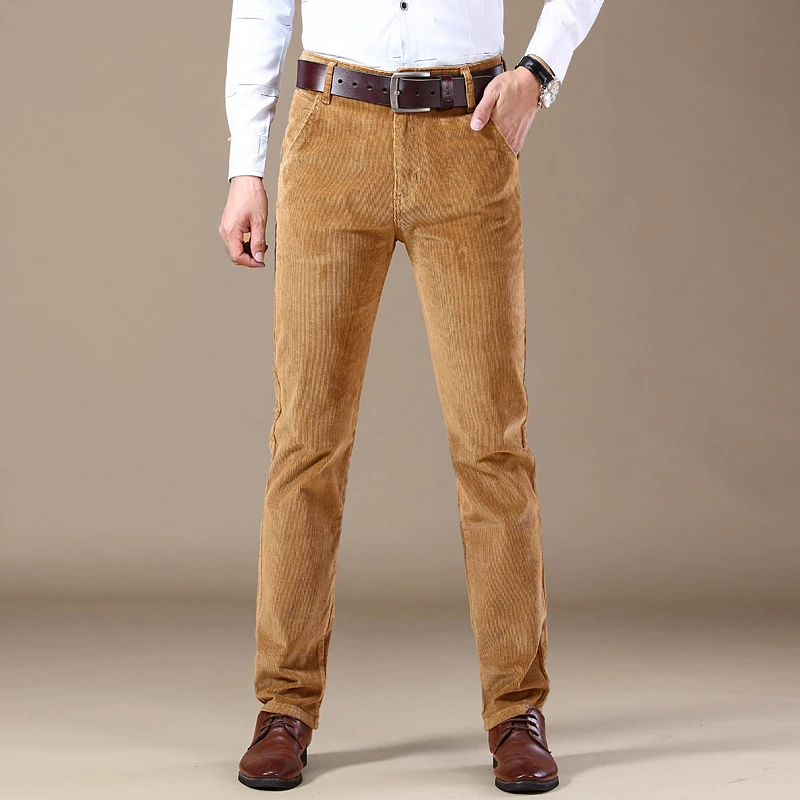 Cotton Corduroy Casual Pants Men's Autumn New Fashion Khaki Soft Slim Straight Business Elastic Trousers Male Clothes