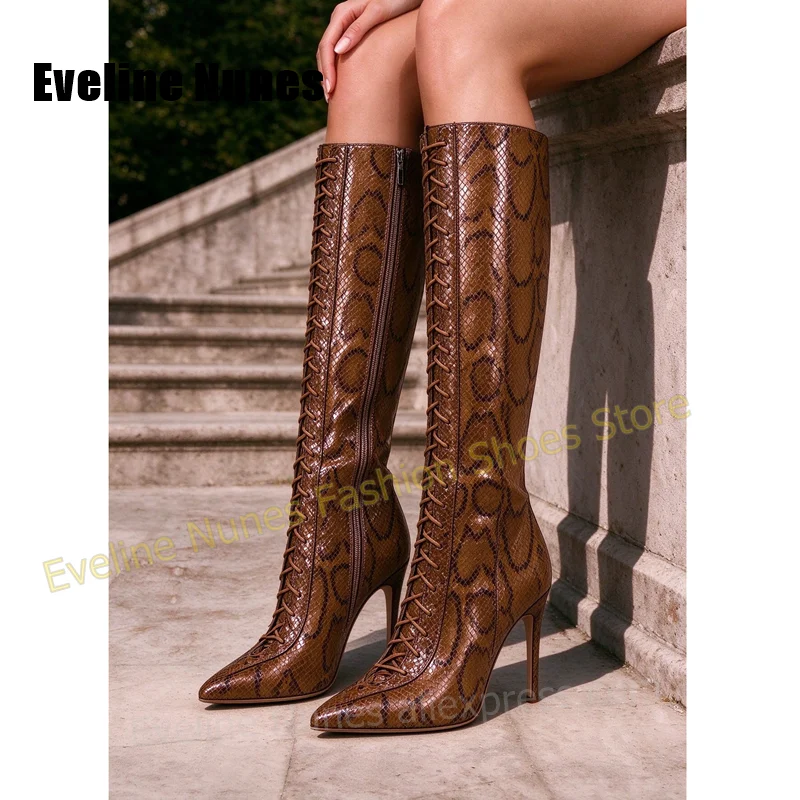 Women Brown Snake Print Knee High Boots Pointed Toe Lace Up Stiletto Long Boots Side Zipper Western Cowgirl Boots Party Trend