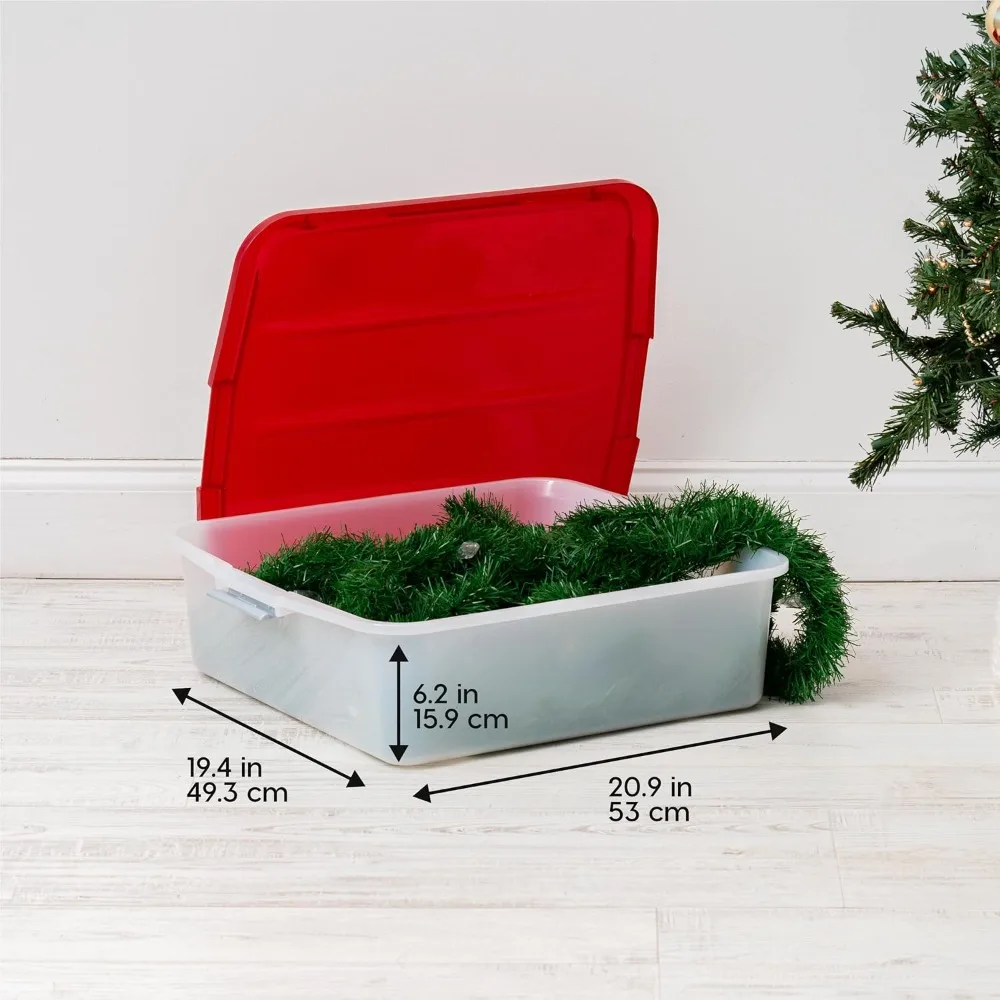 صندوق تخزين إكليل العطلات سعة 33 لترًا، 3 قطع، منظم تحت السرير قابل للتكديس مع أبازيم إغلاق للزينة الاحتفالية شفافة/أحمر