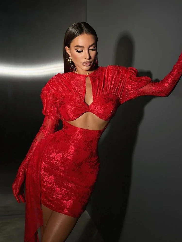 Mini robe drapée plissée découpée à manches longues pour femmes, gants sexy, dentelle rouge et blanche, tambour floral, robes de soirée cocktail club, 2024