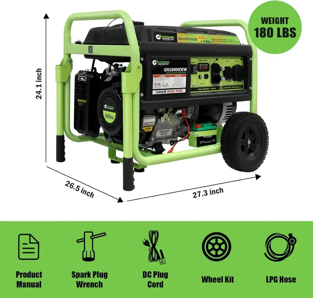 Dual Fuel Portable Generator 10000 Watt,Gas or Propane Powered,Electric Start,Home Back Up