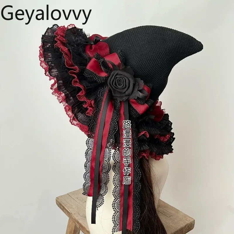 

Японский стиль, Лолита, готический темный стиль, шляпа ведьмы, рождественская шляпа ручной работы для косплея с бантом, кружевные остроконечные шляпы ведьмы, милые шапки для девочек
