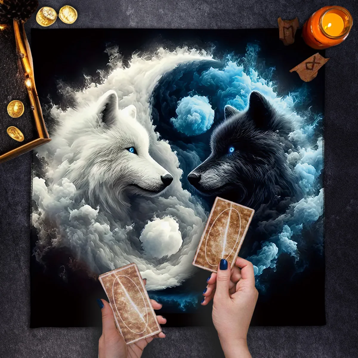 50/75/110/cm Tai Chi Double Wolf Table Cloth Divination Tarot Altar Cloth Card Game Reading Spread Out Waterproof Polyester Mat