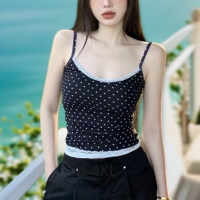 New Hot Girl Style Lace Polka Dot Sleeveless Camisole Top with Fixed Chest Pad Innerwear Outwear