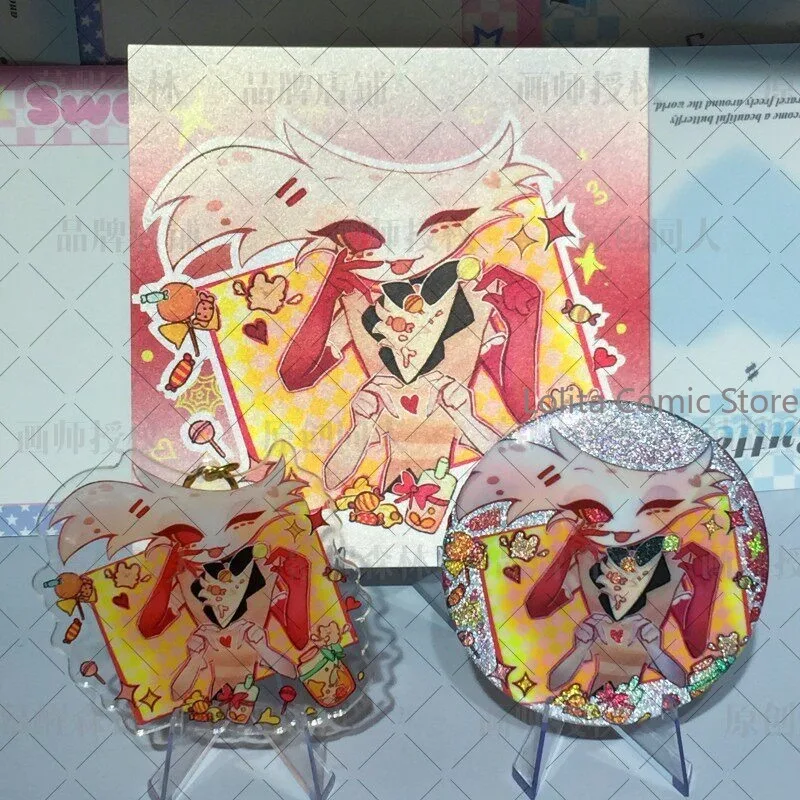 

Anime Hazbin Hotel Alastor Angel Dust Lucifer 75mm Double Flash Badge Keychain Postcard Fan Collection Gift Cosplay Pendant