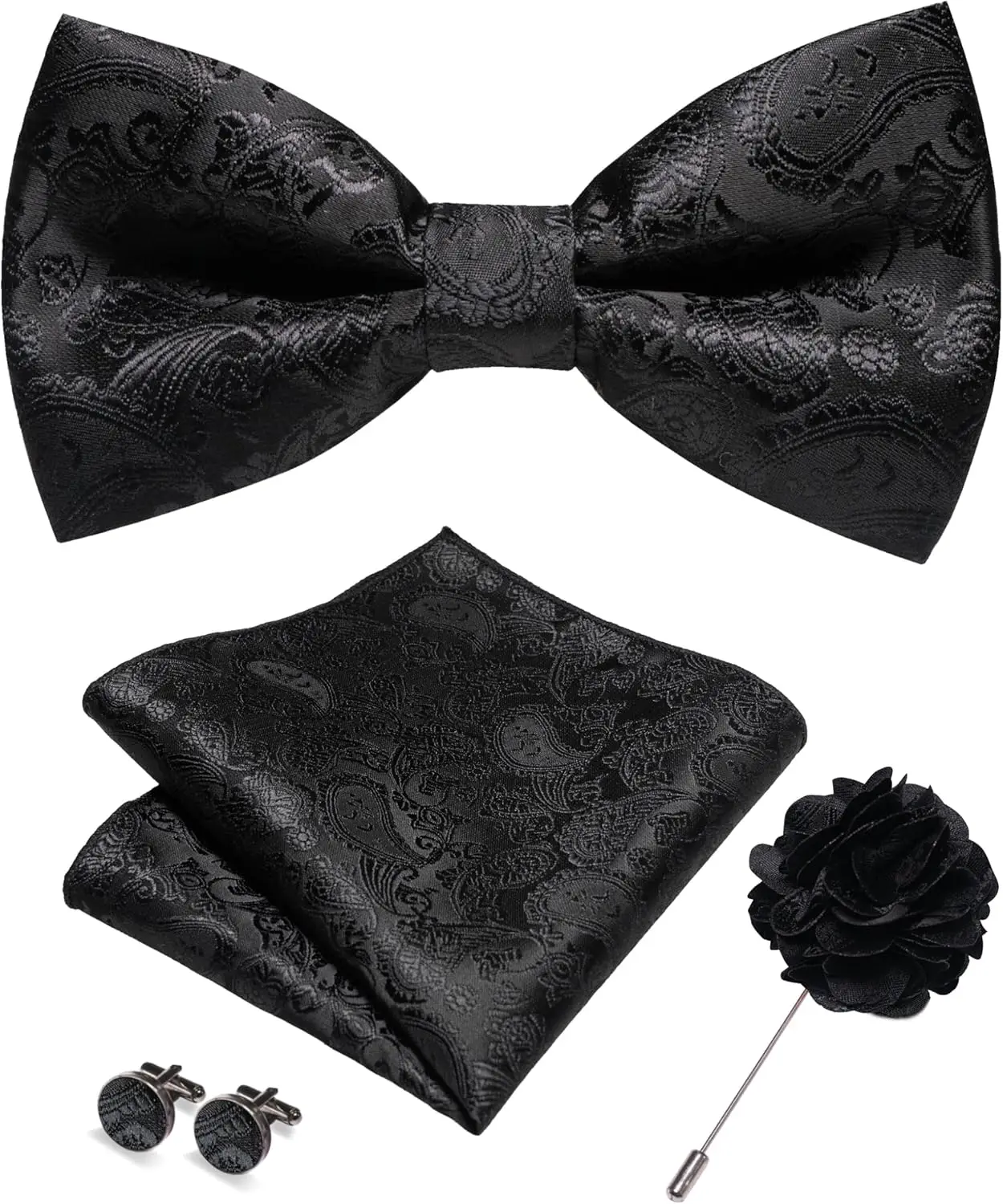 

Paisley Pre-tied Bow Tie and Pocket Square Set with Cufflinks & Lapel Pin 4PCS