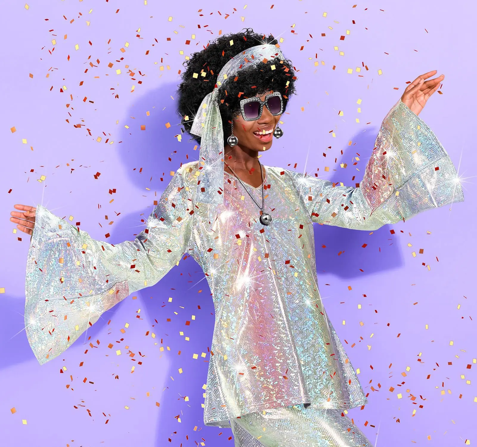 Déguisement Disco Années 70 Femme Complet – Haut, Pantalon, Lunettes, Bijoux et Perruque – photo 5