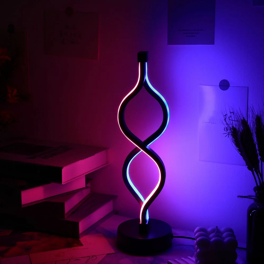 Lámpara de mesita de noche moderna en espiral, luz táctil regulable, 2 colores, USB, dormitorio