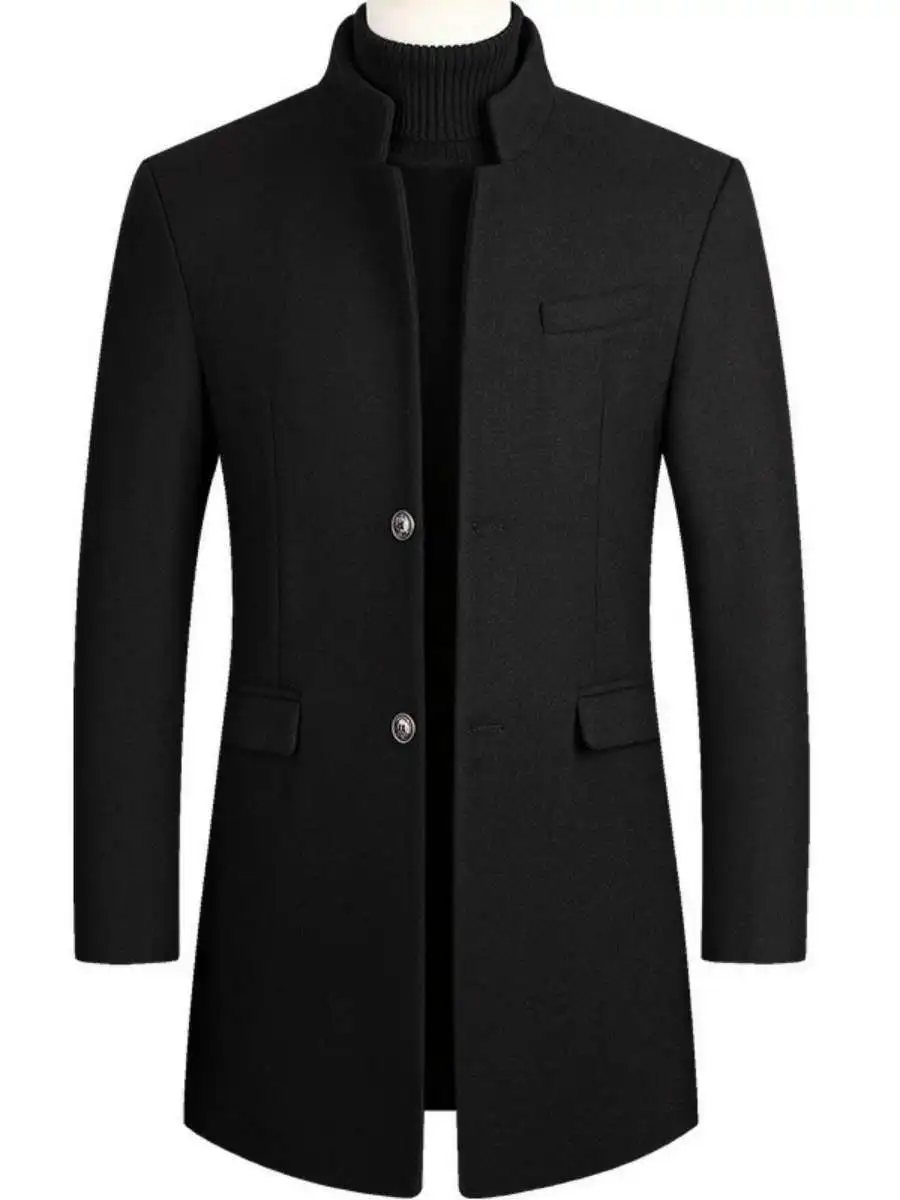 Niqiu Winter Men's Woolen Coat Medium Length Thickened Cotton Added Men's Outerwear Stylish Slim Fit Daily Wear PU Material
