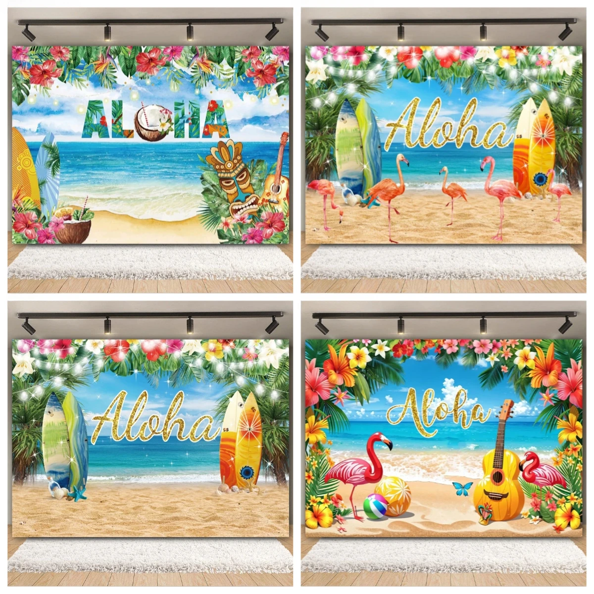 Summer Hawaiian Tropical Beach Backdrop Flamingo Ocean Surfboard Wedding Birthday Party Photography Background Decor
