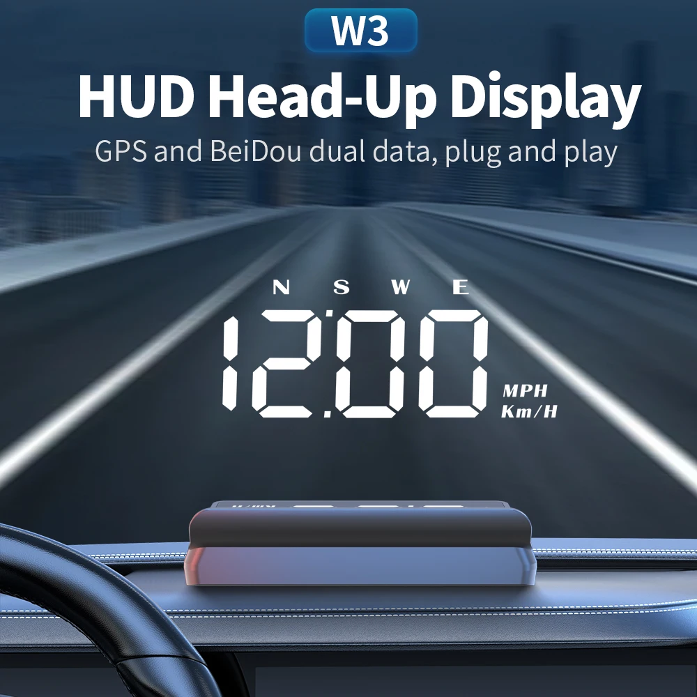WiiYii Plug & Play W3 Windshield LED Car HUD Multi-Function Speedometer 4 Switchable Display Modes Compass Time Overspeed Alarm