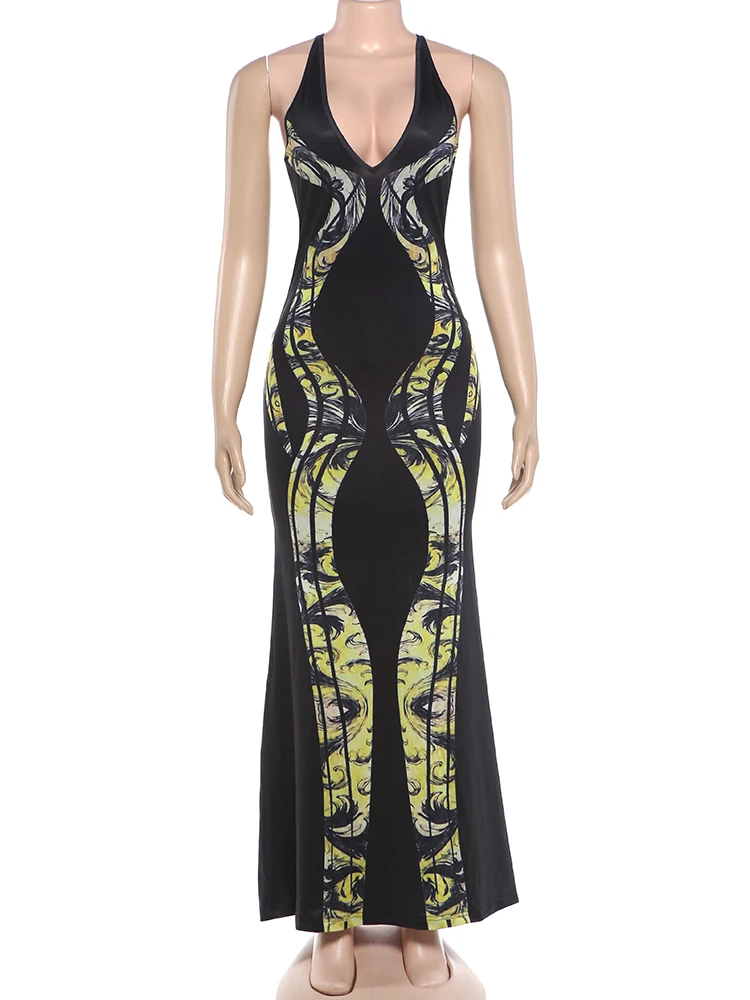 Weird Puss Sexy rückenfreies Kleid mit Kreuzmuster, Damenmode, Air-Print, tiefer V-Ausschnitt, hohle, ärmellose Passform, für Urlaub, Party, elegant, schick, figurbetont – Detail 3