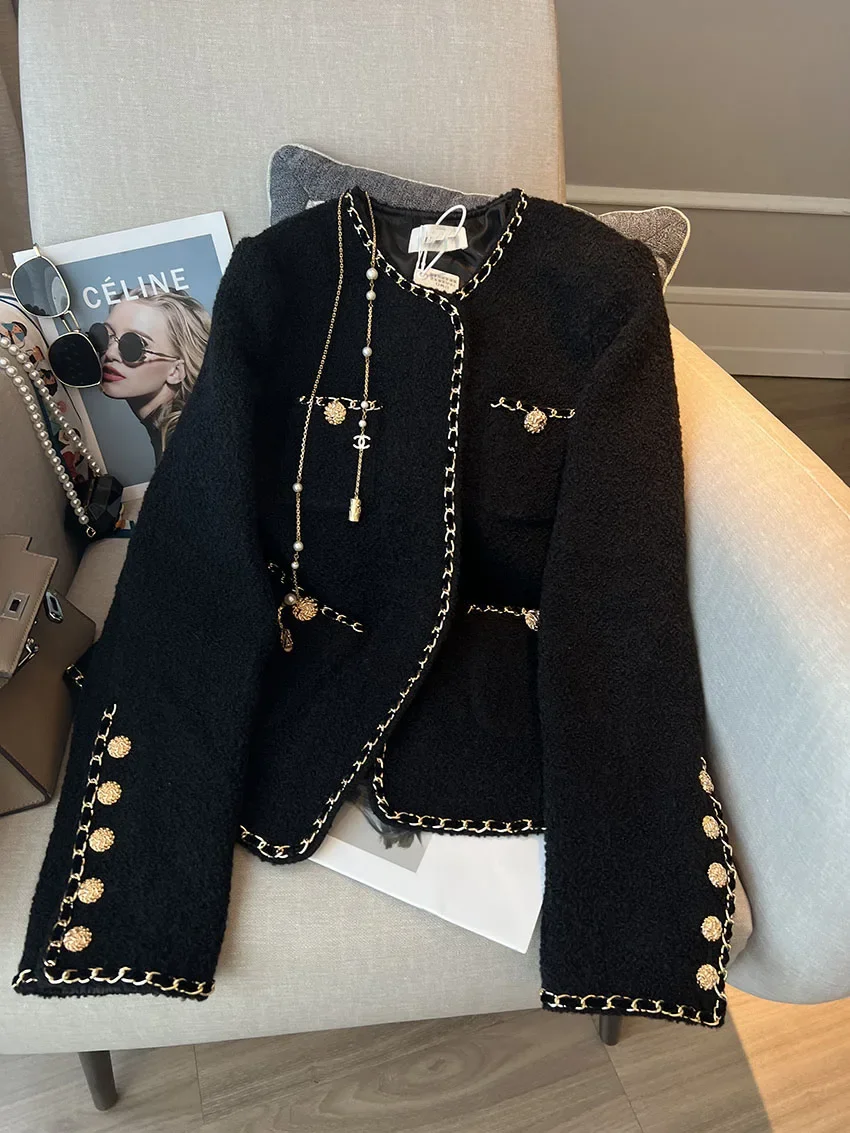 

2024 New Popular Beautiful Chic Short Fragrance Black Woven Gold-Rimmed Round Neck Suit Jacket Women's Winter Autumn Blazers