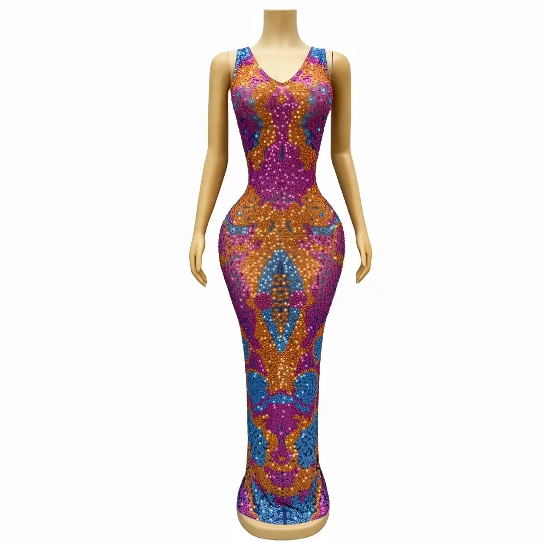 Fashion Colorful Gradient Sparking Diamonds Prom Gown Sheath Evening Party Dress Nightclub Singer Stage Show Costume Cailin