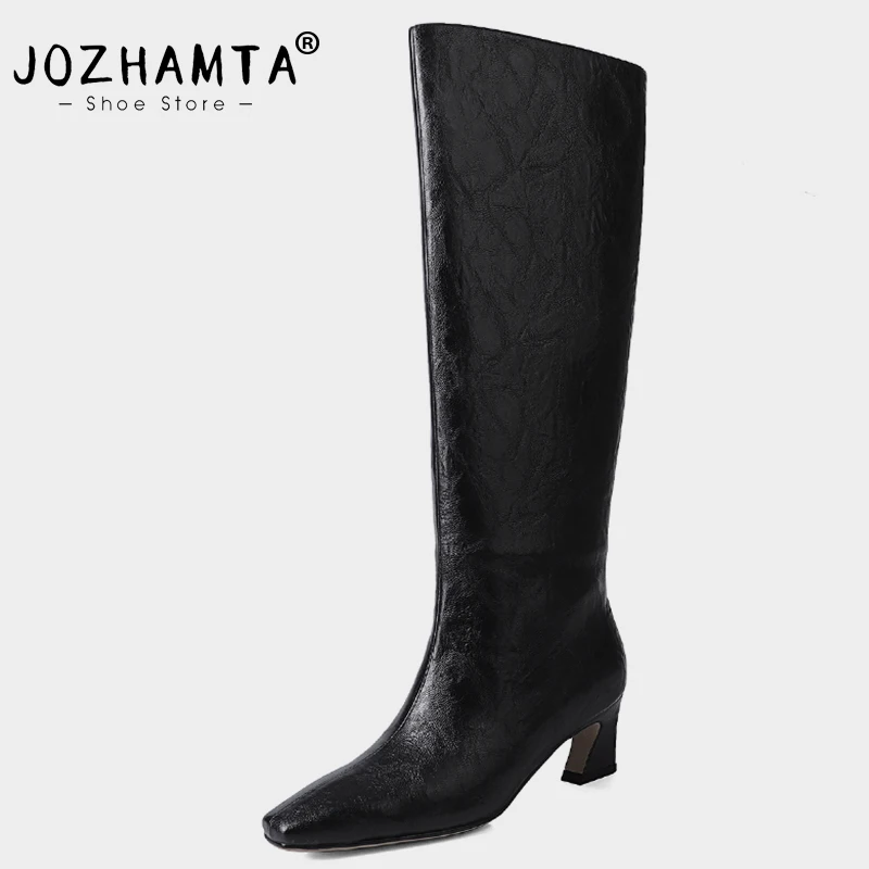 

JOZHAMTA Size 34-40 Knee Boots For Women Genuine Leather Block High Heels Shoes Winter 2024 Wide Calf Casual Long Tall Boots