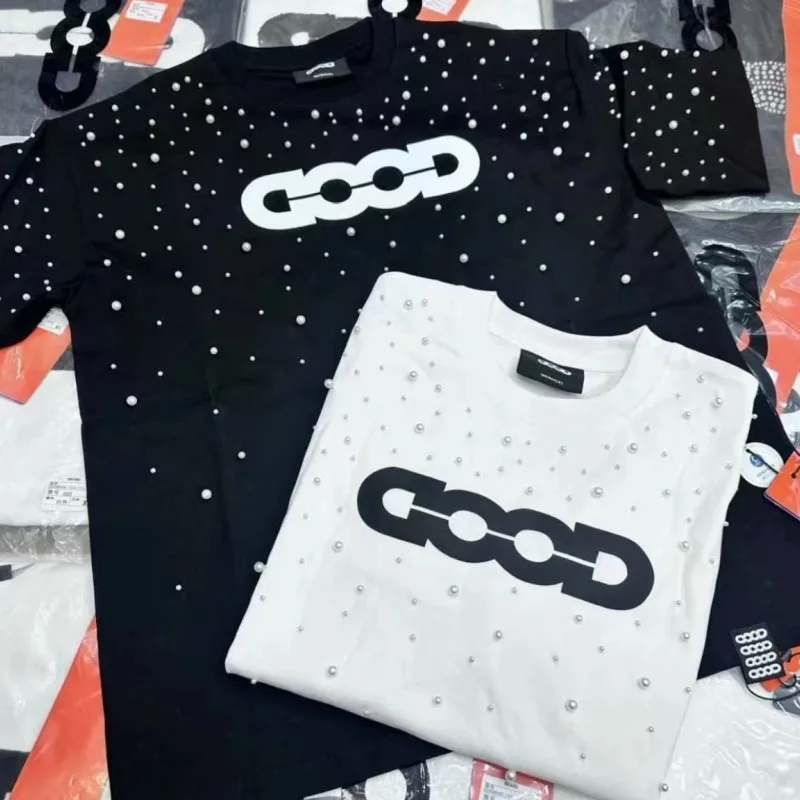 

Высококачественная классическая футболка GOODBRAND с жемчужной отделкой, летняя, уличная, с коротким рукавом, повседневная, дышащая, для мужчин и женщин