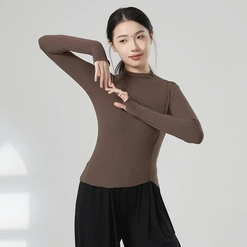 Abiti per la pratica della danza moderna, top a maniche lunghe con copertura in maglia per danza classica, abbigliamento per l'allenamento del corpo cinese da donna