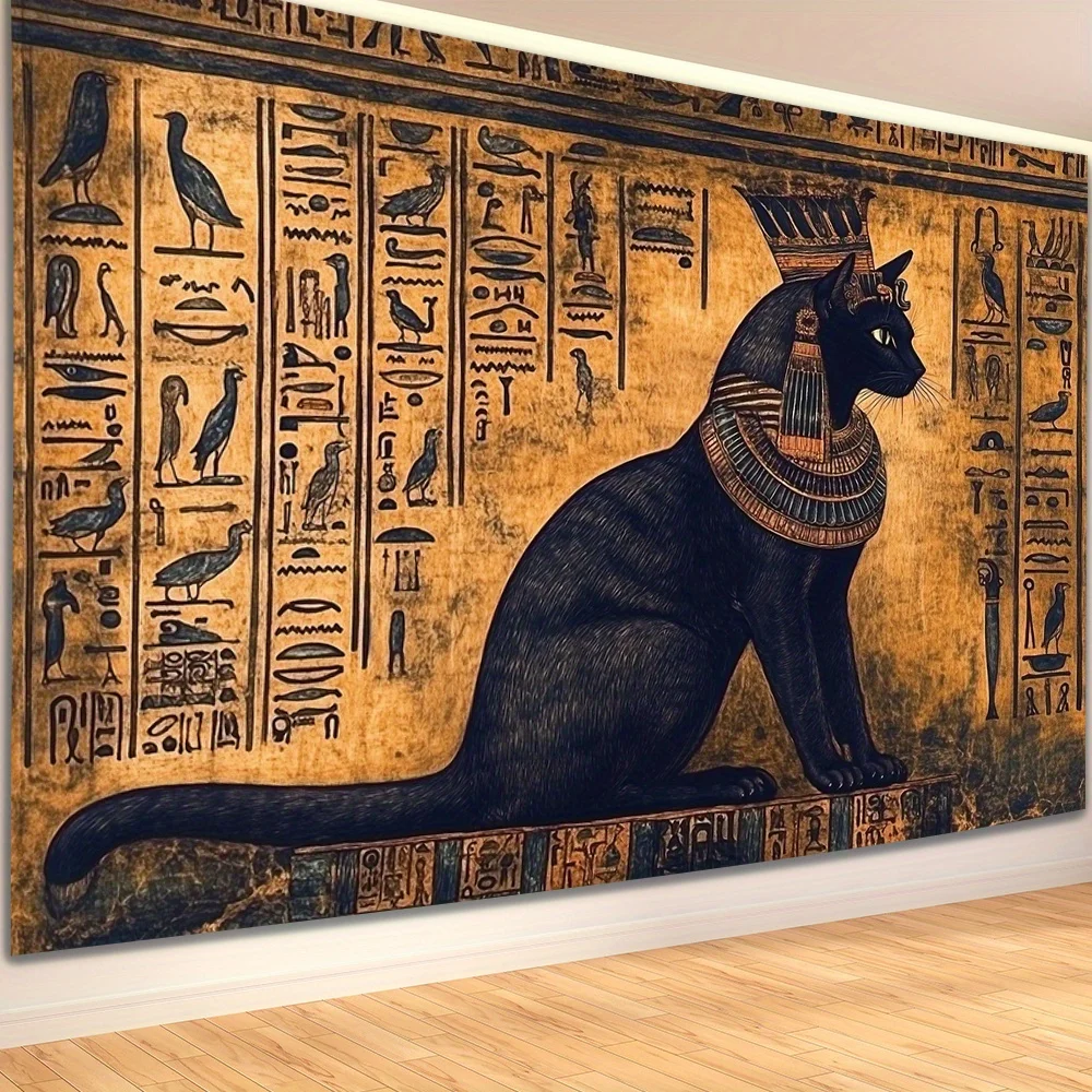 Egyptian Cat Tapestry, Ancient Hieroglyphs Wall Art for Bedroom or Living Room, Large Decorative Hanging, Add Historical Charm