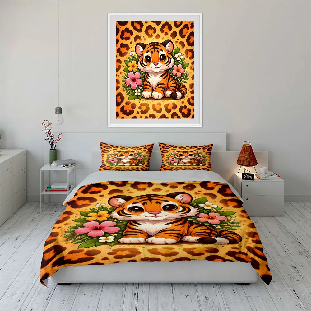 Cute tiger with floral background Bedding Set for Kids Luxury Gift 3pcs Digital Print Comforter Set Soft Comfortable Breathable