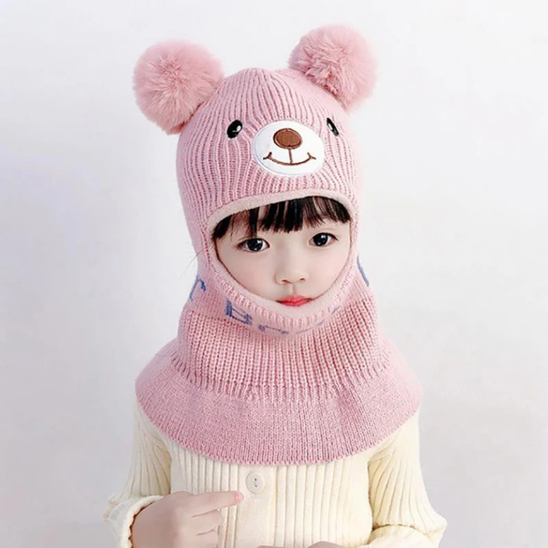 Bear Winter Baby Bonnet Hat Scarf One-Piece Pompom Kids Knitted Hat for Girls Boys Warm Ears Neck Children Cap for Skiing 2-6Y