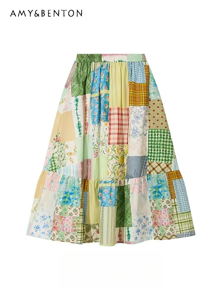 

Summer New Forest-Style Pastoral Sweet and Gentle Women's Floral Plaid Patchwork Printed Loose Long High-waisted Skirt