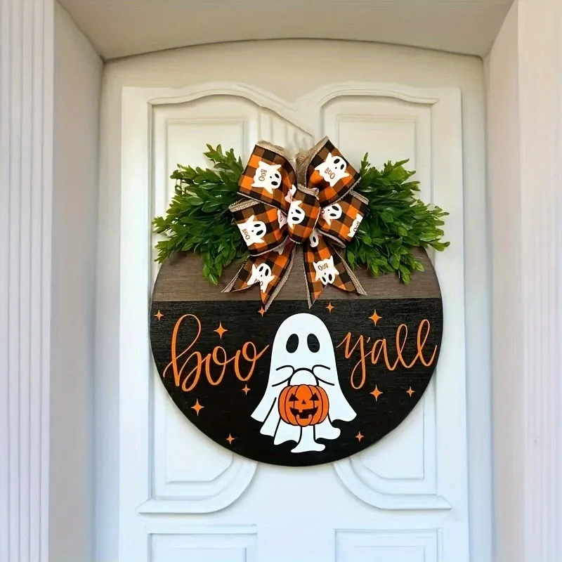 Halloween Door Wreath, White Ghost Pumpkin BOO Sign, Festive Welcome Decor, Artificial Wood, for Home, Bar, Cafe, Garden Decor