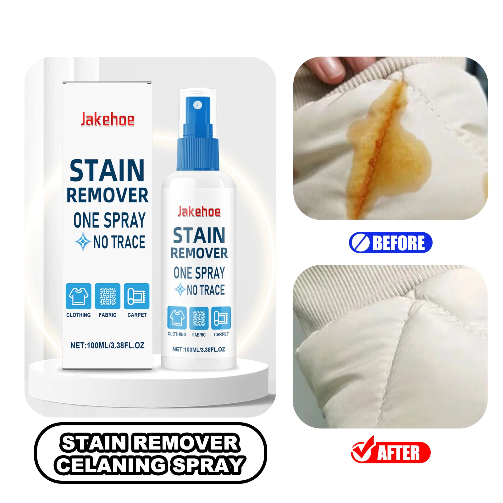 

JAKEHOE 100ml Clothes Stain Remover Spray Fabric Yellow Stains Removal Dust Bleached Decontamination Wash-free Cleaning Agent
