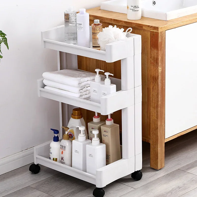 Portable Universal Wheel Bathroom Shelf: Compact Multilayer Plastic Design Versatile Shampoo Household Essentials Holder.