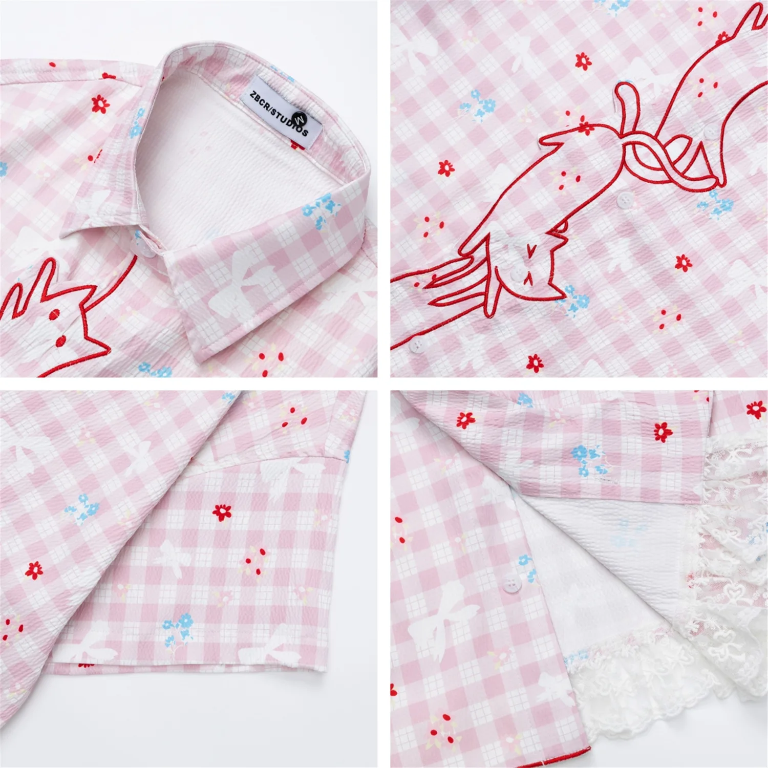 2026 Summer Casual Plaid Shirt Japanese Style Cute Cat Embroidery Lace Patchwork Shirts Short Sleeve Top Casual Blouse view 4